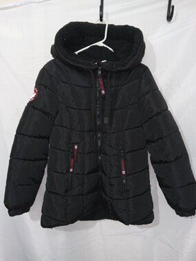 Canada Weather Gear Womens Quilted Puffer Parka Black Sherpa Lined Hooded Coat L
